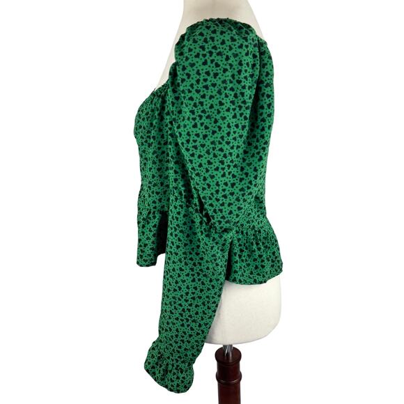 TOPSHOP‎ HEART PRINT PUFF SLEEVE BLOUSE IN GREEN NWOT WOMEN'S SIZE 8 - Picture 5 of 13